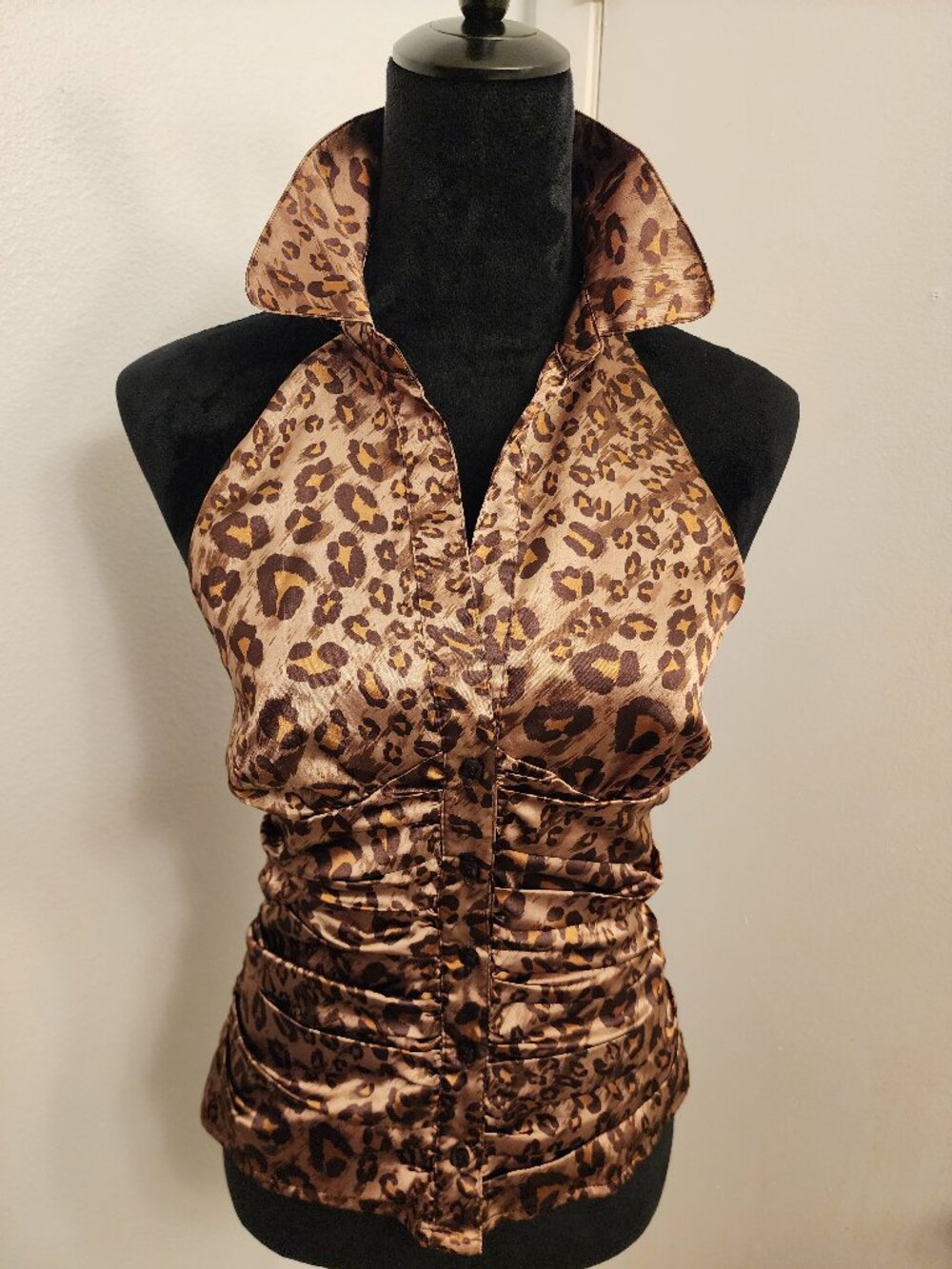 GUESS Jeans Y2K Leopard Satin Halter Top Ruched Open Back